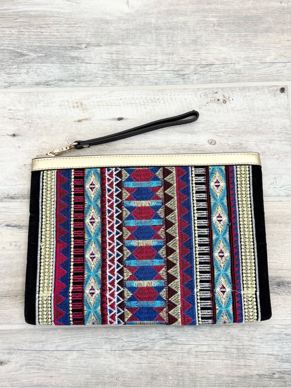 Embroidered Multi Color Canvas Leather Zipper Clutch